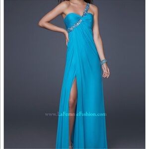 La Femme Blue One-Shoulder Ruched Slit Gown